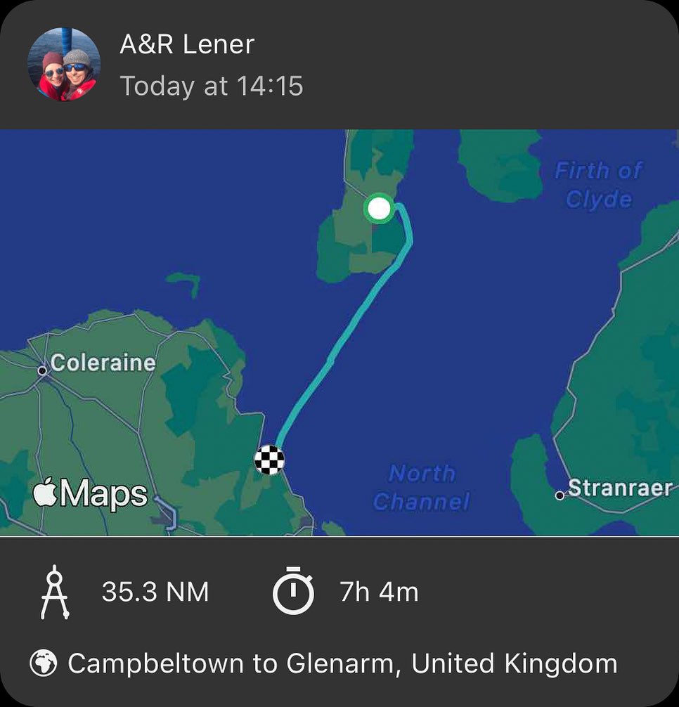 Crossing the North Channel from Campbeltown to Glenarm via Sanda Sound. The tide was in our favor, but the wind was against us, as predicted. Although the wind was a bit stronger than expected, it was still a pleasant crossing. Lagertha thoroughly enjoyed the 18 knots of wind, sailing at an impressive peak speed of 7.6 knots through the water. The Westerly Oceanlords are undoubtedly designed for challenging seas, and we take pride in traveling on Lagertha 🌊 #SailingAdventures #NorthChannelCrossing #WesterlyOceanlord #WesterlyYachts #segeln #sailing #glenarm #antrim #sanadisland #sailingscotland