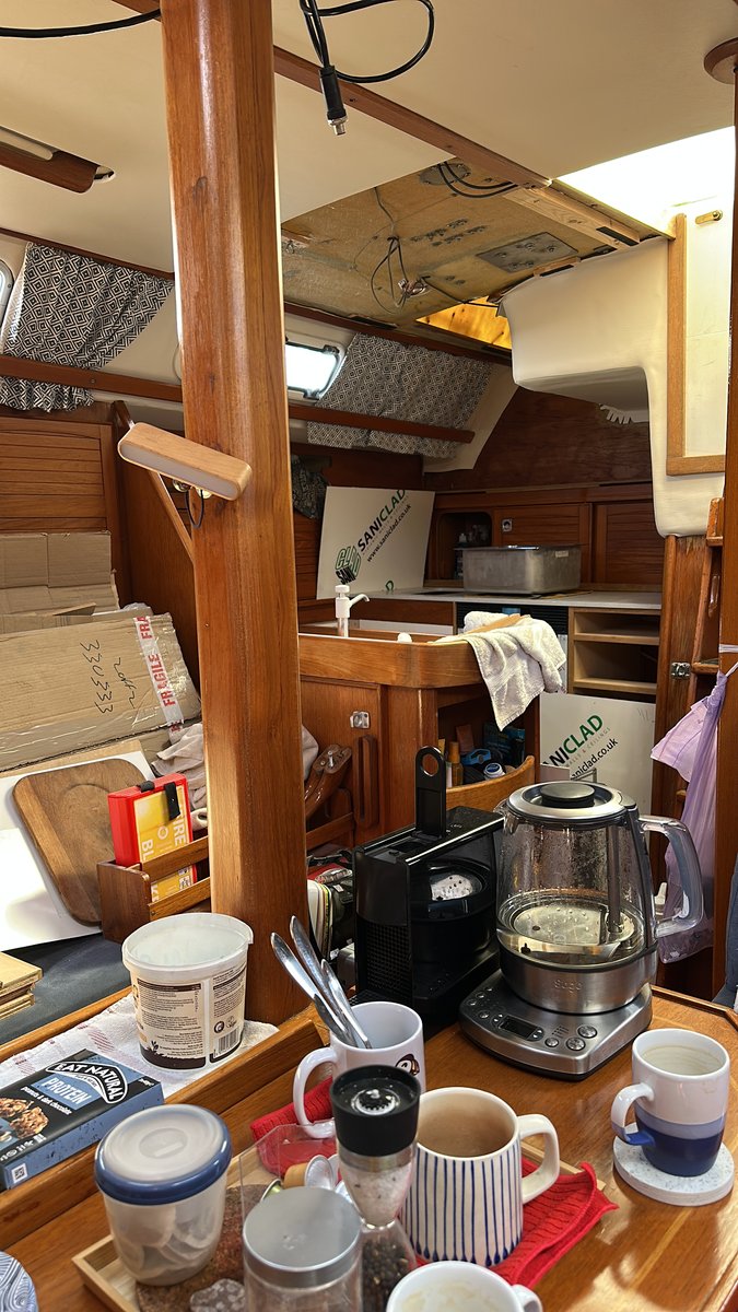 Galley counter with kettle and provisioning supplies, worktop in place
