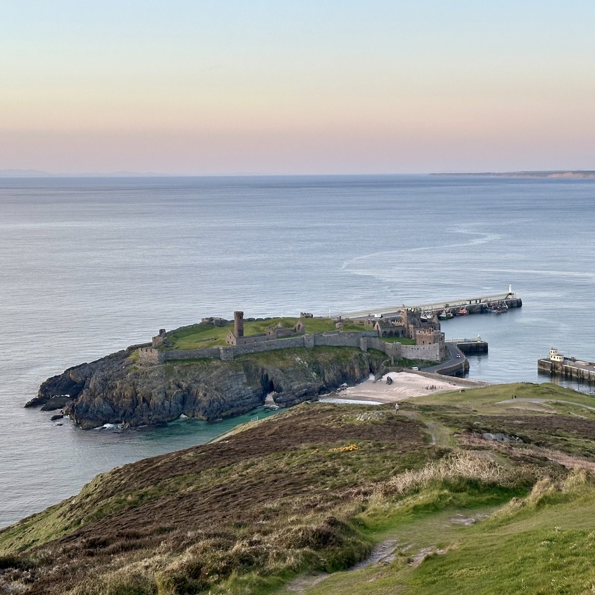 Peel Castle and harbour from the hillside