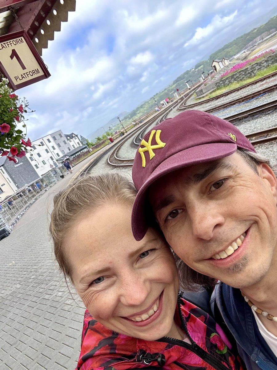 Rob and Andrea at Platform 1, Porthmadog station