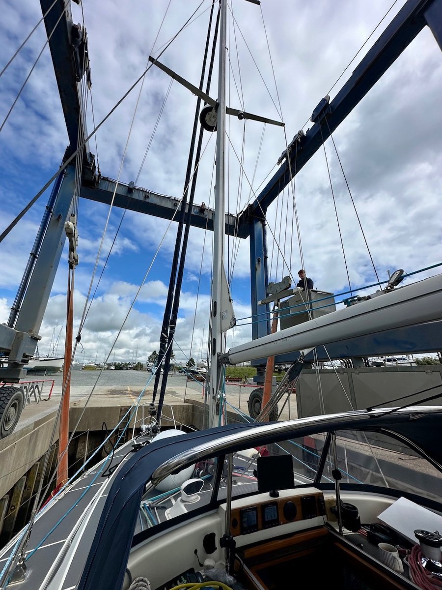 Lagertha in the travel hoist at Pwllheli - view from the deck