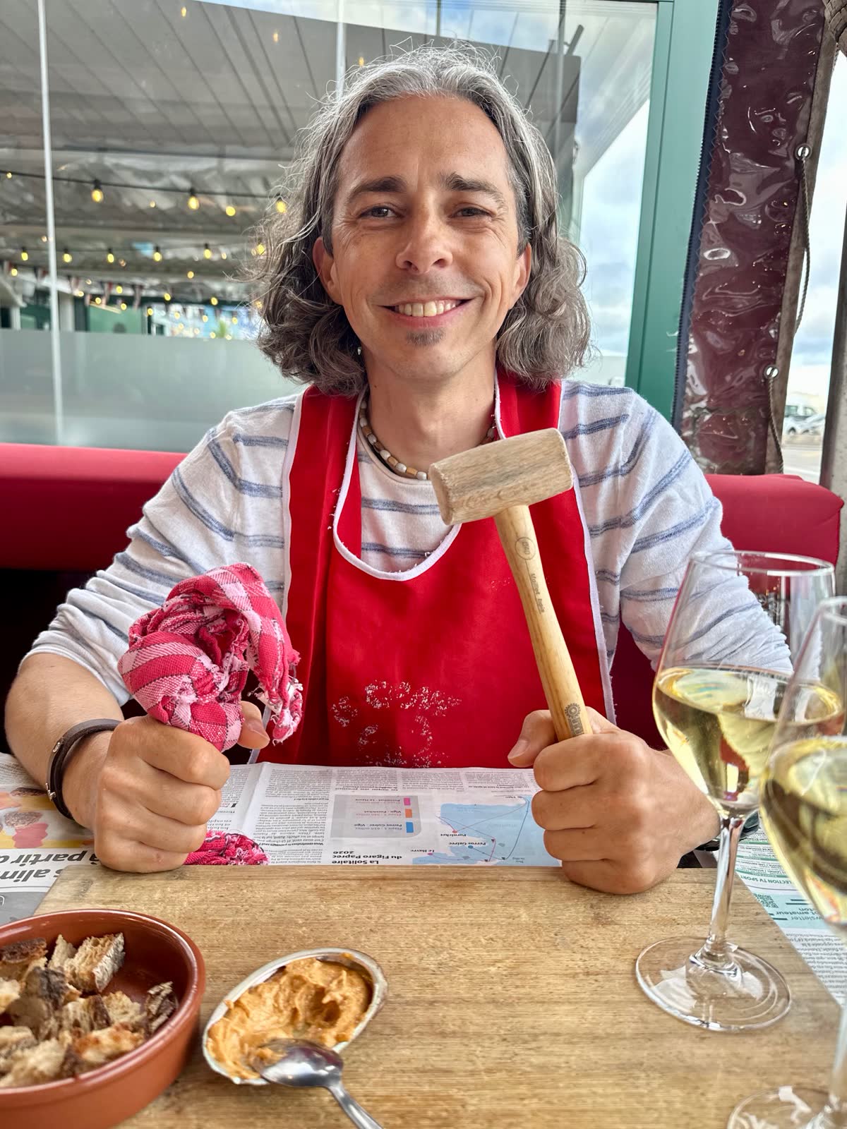 Rob with wooden mallet at Le Crabe Marteau