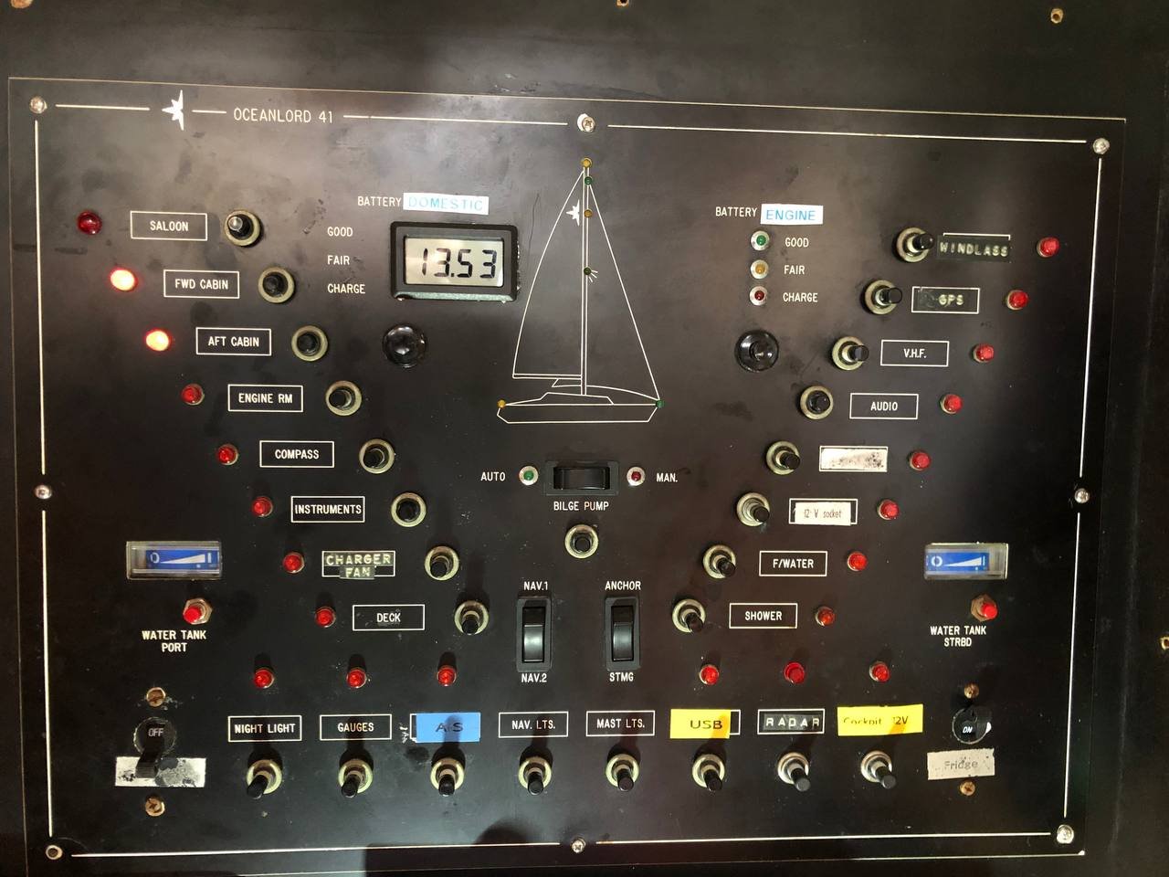 Old Oceanlord 41 switch panel with handwritten labels, push-button breakers, and 35 years of additions
