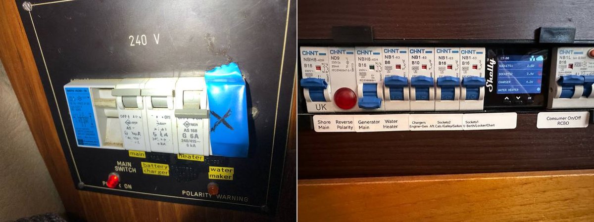 Old switch panel: faded labels, blue-taped breaker, decades of additions