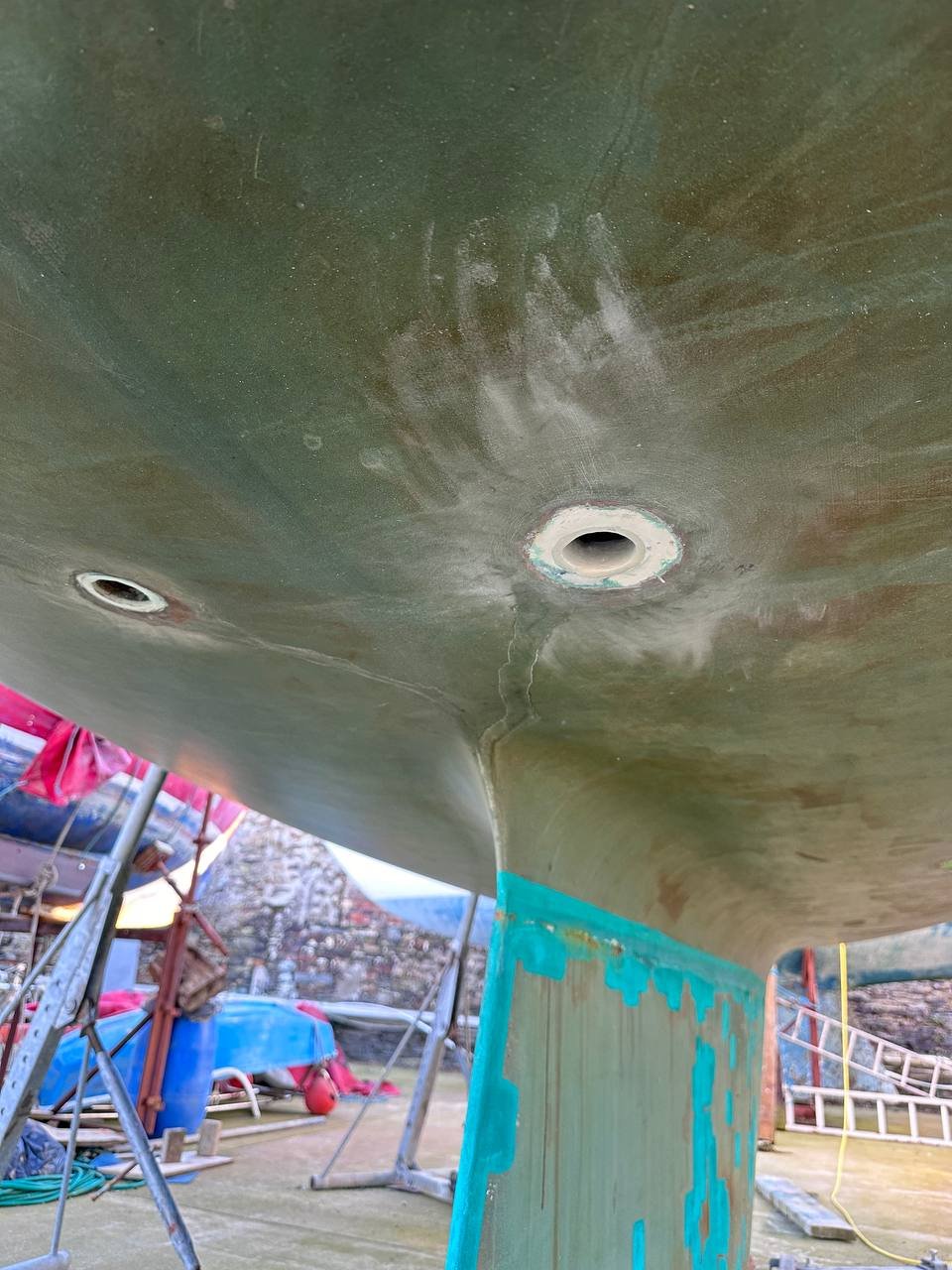 New through-hull fittings from outside the hull, sealed and ready for antifouling
